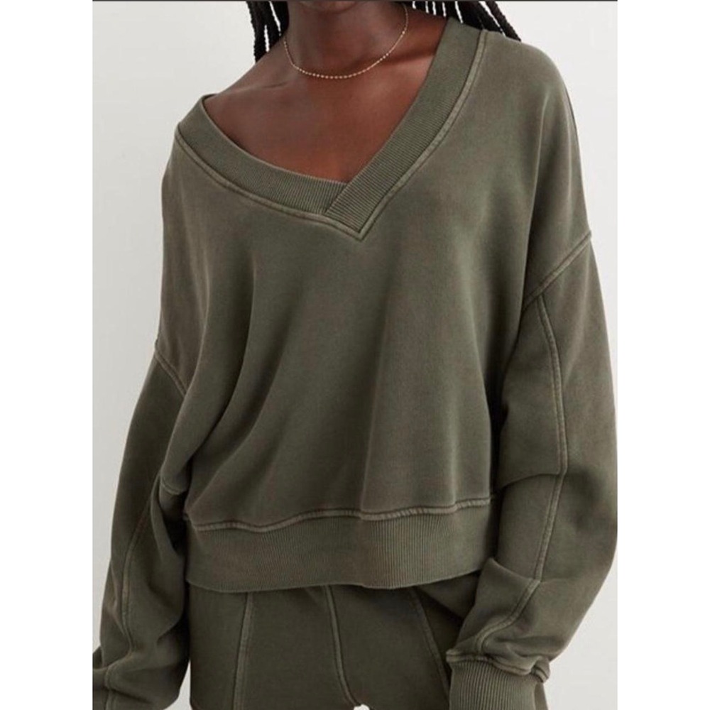 Aerie Women Oversized V-Neck Sweatshirt Olive Green Cotton Blend L